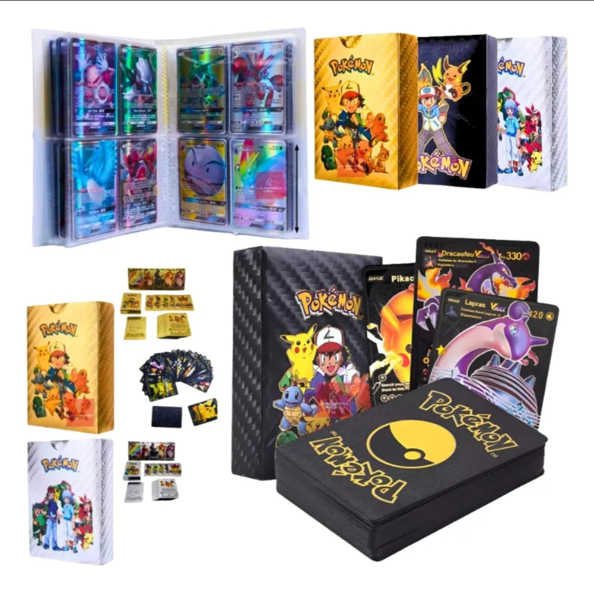 Mazo de 55 cartas Pokémon NEGRAS , PLATEADA, DORADO + álbum transparente para 240 cartas