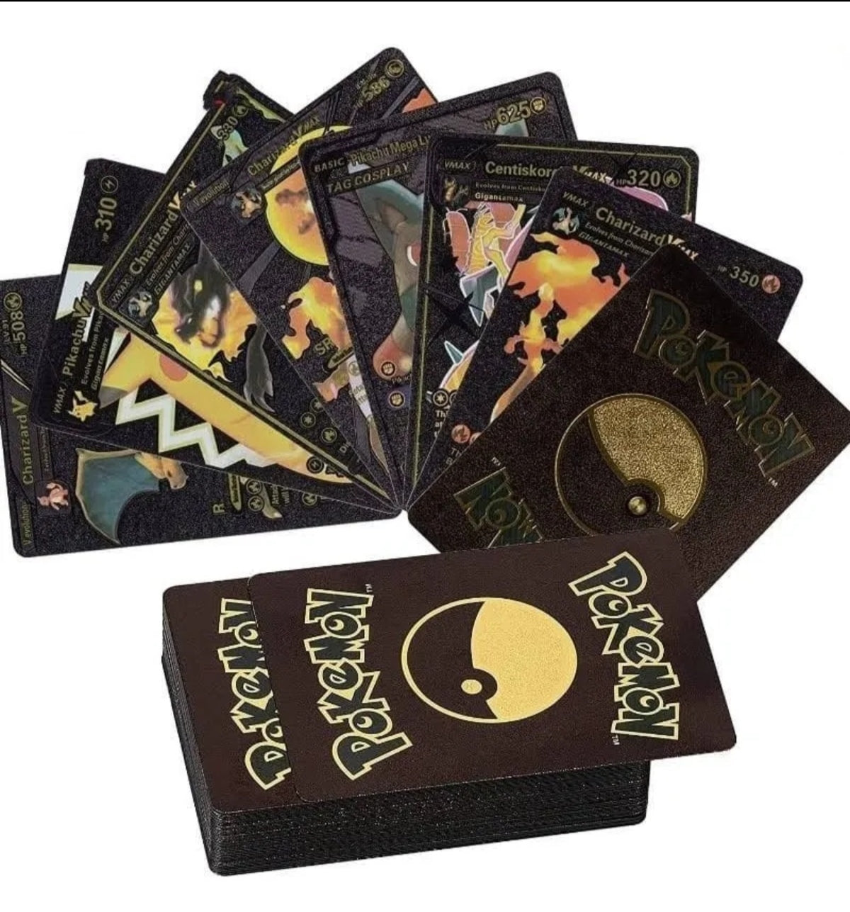 Mazo de 55 cartas Pokémon NEGRAS , PLATEADA, DORADO + álbum transparente para 240 cartas