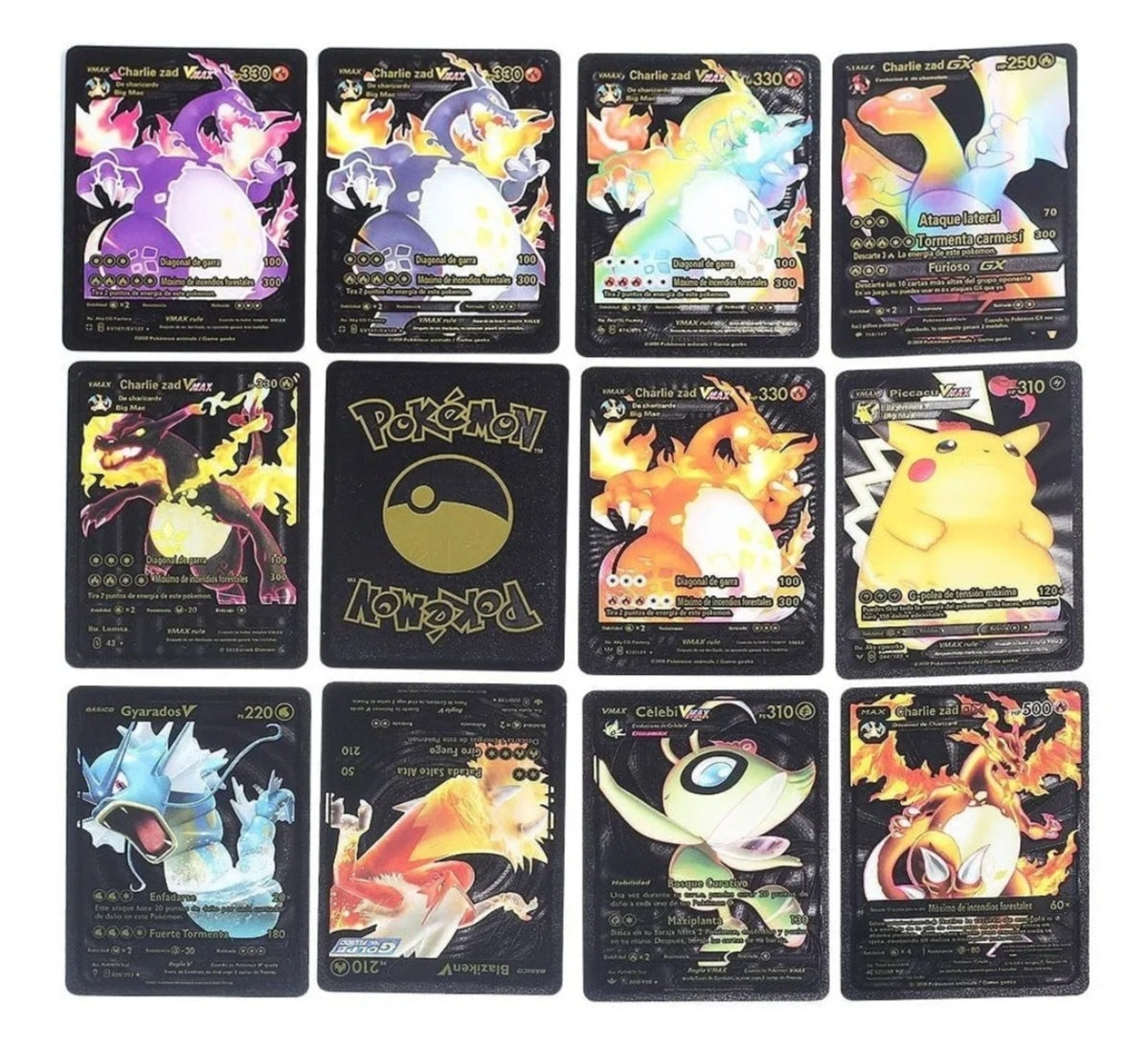 Mazo de 55 cartas Pokémon NEGRAS , PLATEADA, DORADO + álbum transparente para 240 cartas