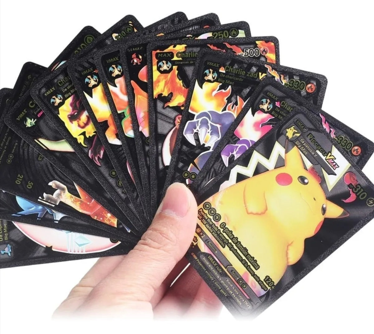 Mazo de 55 cartas Pokémon NEGRAS , PLATEADA, DORADO + álbum transparente para 240 cartas